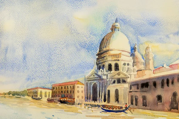 意大利威尼斯大运河 圣母玛利亚敬礼教堂 贡多拉是在威尼斯大通道的浪漫旅行 水彩景观原始绘画插图 世界地标 — 图库照片