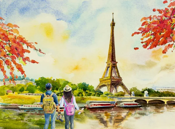 Paris Avrupa şehir manzarası. Fransa, Eyfel Kulesi ve çift aşık adam, kadın, turist take fotoğraflar mutlu tatil, romantik Seine Nehri, suluboya resim illüstrasyon, dünya Simgesel Yapı için.