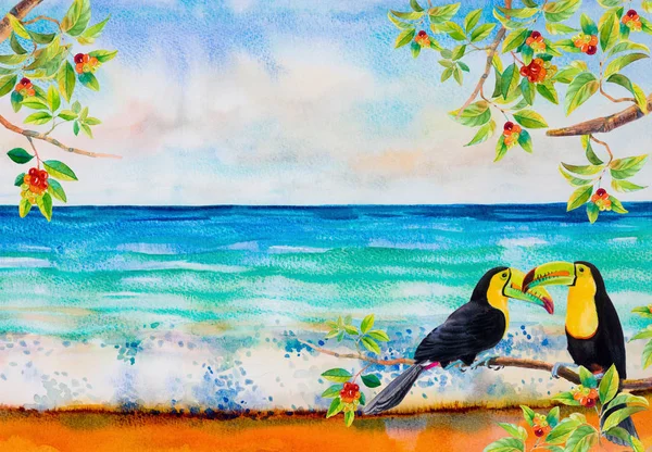 Tropical Seascape Background Watercolor Painting Cherry Tree Keel Billed Toucan — Stock Photo, Image