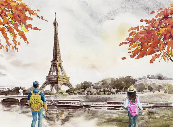 풍경입니다 프랑스 그리고 사진을 낭만적인 수채화 일러스트 빈티지 세계의 랜드마크 — 스톡 사진