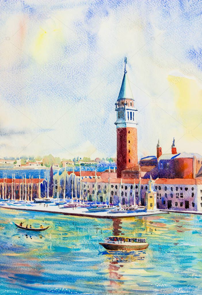 Beautiful sea view of traditional San Giorgio Maggiore island, Venice, Italy with historic view Italy, Watercolor landscape original painting multicolored on paper, illustration landmark of the world.