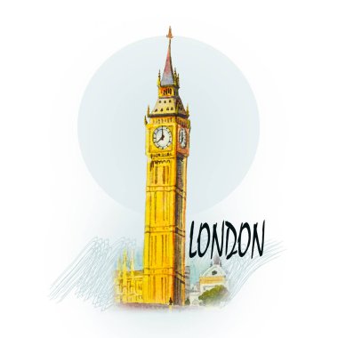 Modern sanat, suluboya resim illüstrasyon. Dünya ünlü serisi: Big Ben saat kulesi İngiltere'de Londra'da.