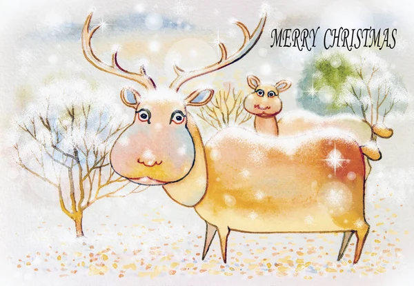 Rénszarvas Karácsonyi Kártyák Tervezése Akvarell Festészet Illusztráció Szép Rajzfilm Őzek — Stock Fotó