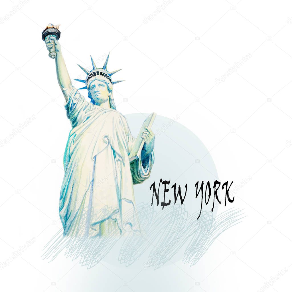 Modern art, Watercolor painting illustration. World famous landmark series: Statue of Liberty, New York, USA.