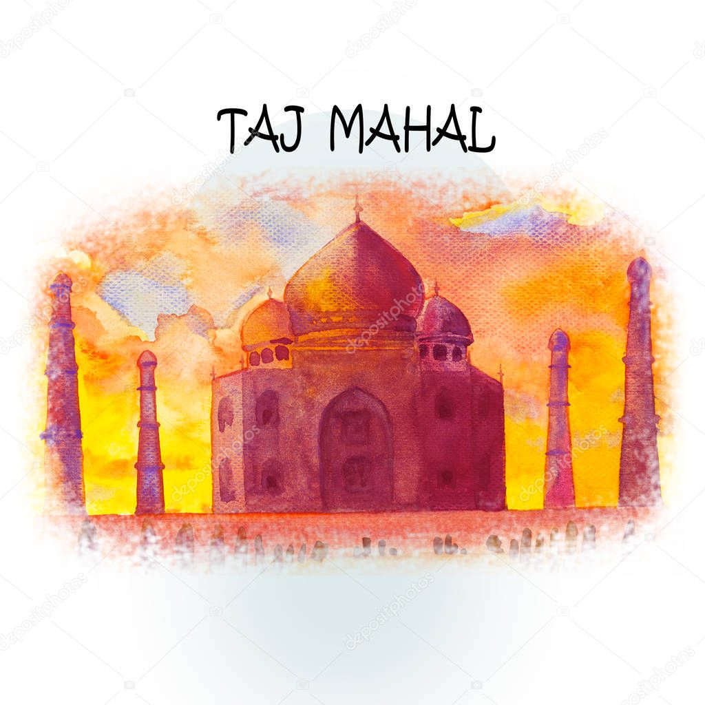 Modern art, symbol, logo. Watercolor painting illustration. World famous landmark series: Taj Mahal the main tourist attraction in Agra, India.
