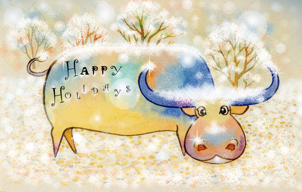 Buffalo Happy holiday, Christmas card design. Watercolor painting illustration lovely  cartoon of  buffalos and snowy in winter season with sky, trees background. 