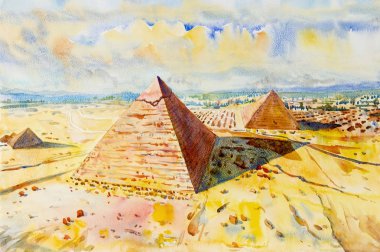 El suluboya manzara çekilmiş. Keops Piramidi çöl Giza, Mısır, illüstrasyon sanat, üstten görünüm, gökyüzü ve bulut, kağıt, seyahat landmark dünya üzerinde arka plan ile.