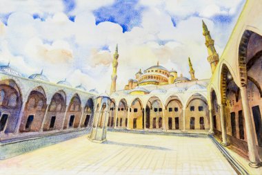 Istanbul, Türkiye, Sultanahmet Camii. Bir dönüm noktası dünyanın Türkiye'de bir turistik 's. Suluboya manzara, illüstrasyon