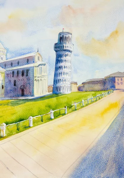 Hand Dras Akvarell Målning Lutande Tornet Pisa Italien Illustration Art — Stockfoto