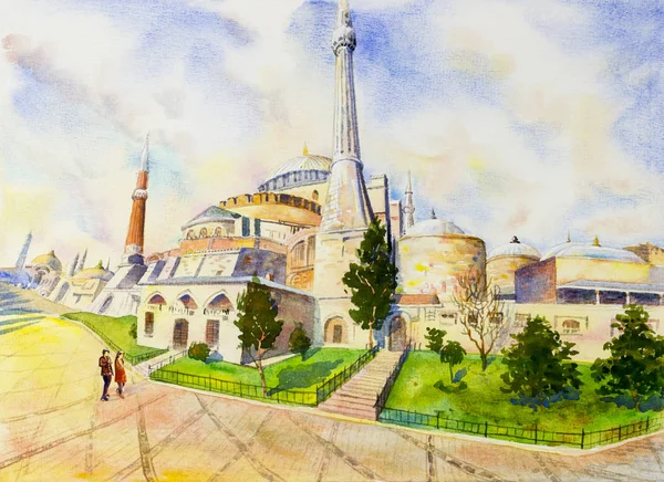 Istanbul, Turkey, The Blue Mosque. A landmark of the world is a tourist attraction in the Turkey. Watercolor painting landscape, illustration