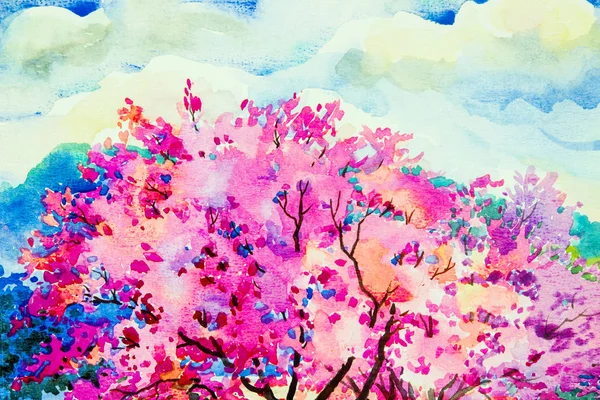 Pink red color of Wild himalayan cherry, in the morning with mountain sky, cloud background, Hand painted, beauty nature winter season in Thailand. Painting watercolor landscape