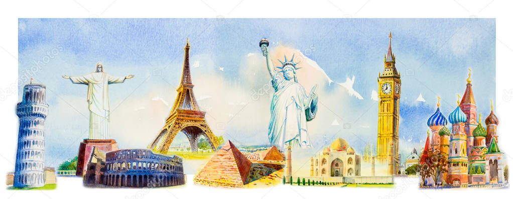 World travel and sights. Famous landmarks of the world grouped together. Watercolor hand drawn painting illustration on sky, cloud  background.