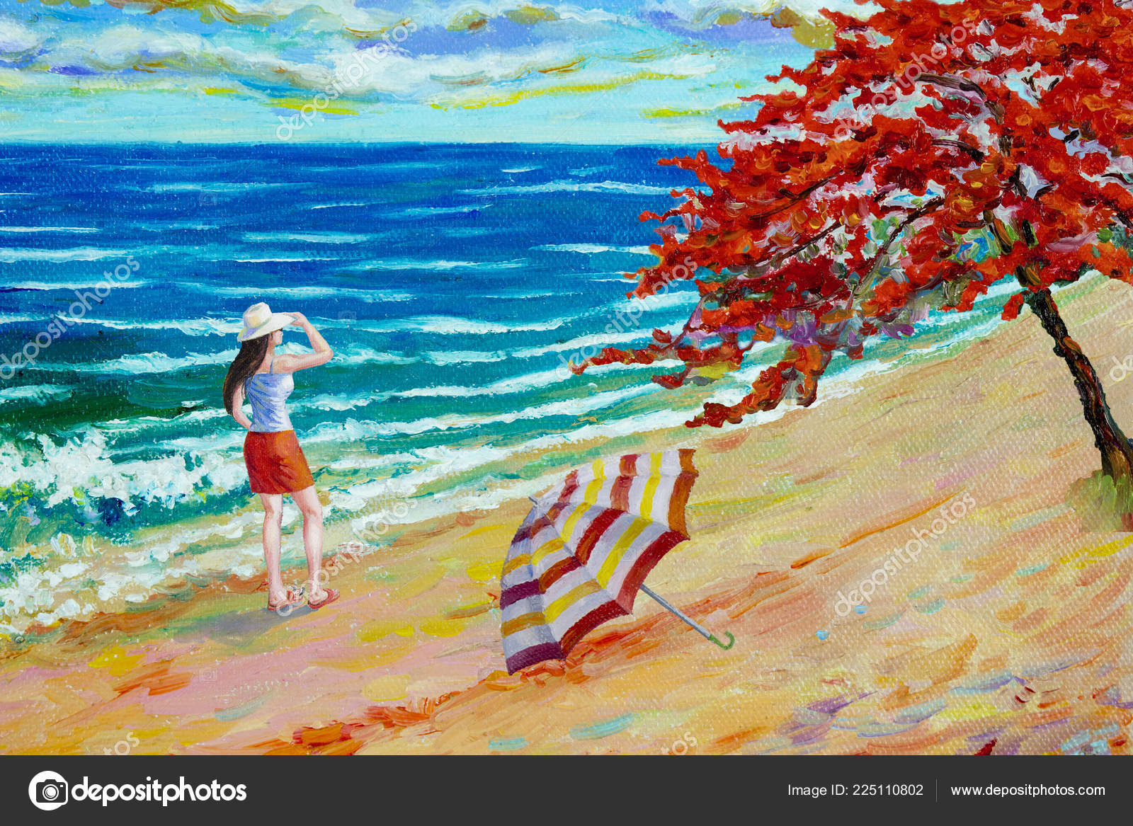 海のビーチで女性観光客 海の青と空 雲の背景の美しさビーチ波動の