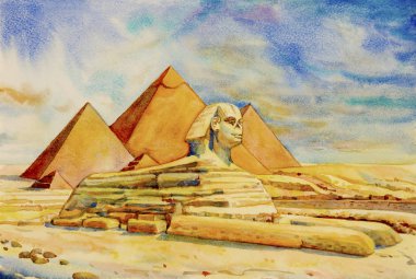 El kağıt üzerine suluboya manzara çekilmiş. Keops Piramidi çöl Giza ve Mısır'daki Sfenks ile. İllüstrasyon sanat, gökyüzü ve bulut arka plan, dünya seyahat Simgesel Yapı.