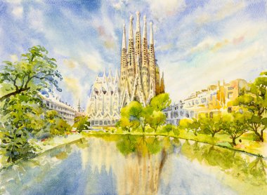 El kağıt üzerine suluboya manzara çekilmiş. Barcelona, İspanya. İllüstrasyon sanat, gökyüzü ve bulut arka plan, dünya seyahat ünlü dönüm noktası.