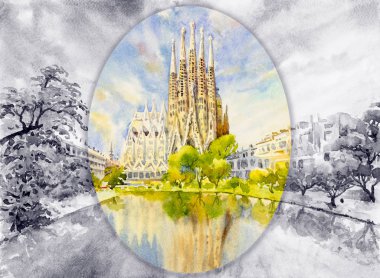 Barcelona, İspanya. İllüstrasyon sanat, çizilmiş suluboya manzara üzerinde kağıt sky boyama el ve siyah, Beyaz görünümü arka planda, dünya seyahat ünlü dönüm noktası bulut.