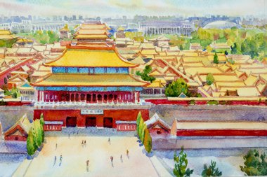 Beijing Çin'yasak şehir sahne. Suluboya manzara mimari yüksek açı görünümünü renkli. Elle çizilmiş illüstrasyon.