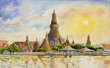Panorama görünüm. Wat Arun günbatımı Bangkok Tayland tapınakta. Suluboya manzara mimari ve nehir görünümünü renkli. El çizimi büyük en iyi bilinen Tayland yerlerinden çekilmiş.