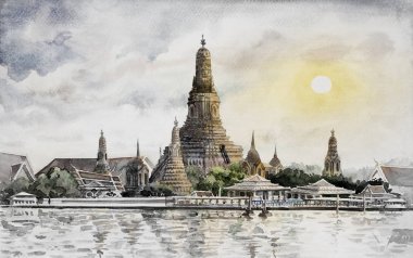 Panorama görünüm. Wat Arun günbatımı Bangkok Tayland tapınakta. Suluboya manzara mimari ve nehir vintage tarzı görüntüleyin. Boyalı illüstrasyon, Tayland yerler konumunu en iyi.