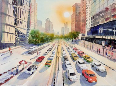 Renkli sokak şehir landmark Bangkok Tayland - Asya iş kavramı Emlak için en iyi görünümü. Şehir turizm gökdelen ve yüksek bina arka plan ile suluboya manzara