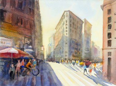 ABD - Amerika iş şehir kavramı yaşam tarzı şehir landmark renkli sokak görünümü. Şehir turizm gökdelen ve yüksek bina vintage tarzı arka plan ile suluboya manzara.