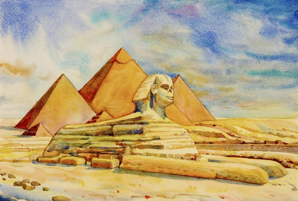 El kağıt üzerine suluboya manzara çekilmiş. Keops Piramidi çöl Giza ve Mısır'daki Sfenks ile. İllüstrasyon sanat, gökyüzü ve bulut arka plan, dünya seyahat Simgesel Yapı.