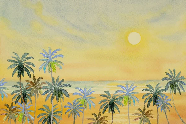 水彩画海景五颜六色的美丽的海洋海滩 波涛与椰子树在夏天 海蓝色和天空的背景 被绘的印象派图象例证 — 图库照片