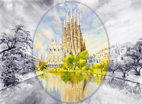 Barcelona España Arte Ilustración Paisaje Dibujado Mano Pintura Acuarela Cielo —  Fotos de Stock