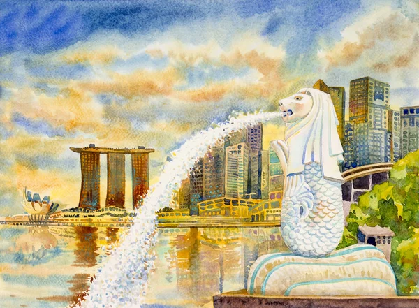 Singapur şehir manzarası, gündoğumu. Singapur 3 Eylül 2018: Marina defne kum anda güzel mimarisinde akşam yerlerinden Singapur Merlion ve Bilim Müzesi. suluboya resimler 