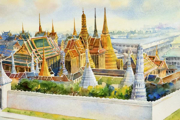 Royal Grand Palace Wat Phra Keaw Bangkok Tailandia Acuarela Pintura — Foto de Stock