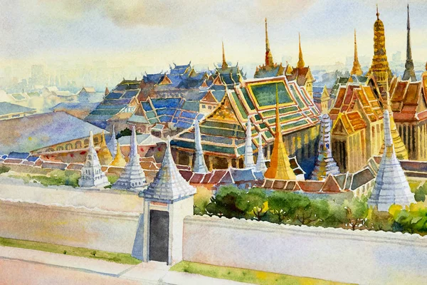泰国曼谷的皇家大皇宫和 Wat Phra Keaw 水彩画景观旅游胜地美丽的玉佛寺 手绘例证 亚洲的地标 — 图库照片