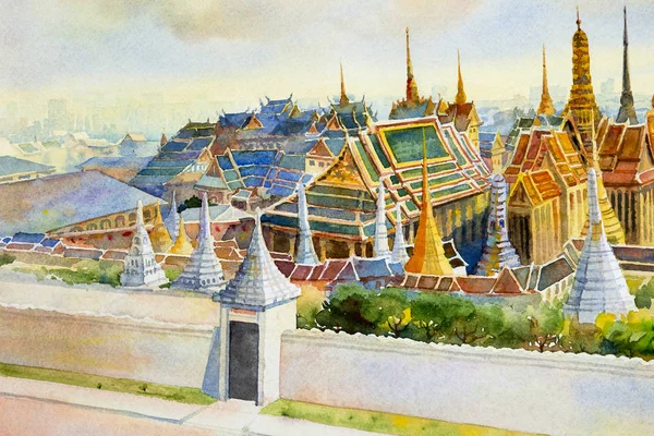 Royal Grand Palace Wat Phra Keaw Bangkok Tailandia Acuarela Pintura —  Fotos de Stock