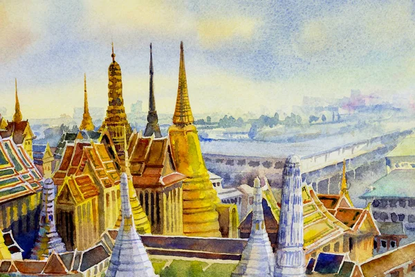 皇家大皇宫和泰国曼谷日落时的 Wat Phra Keaw 水彩画景观的旅游区位美丽的玉佛寺 手绘例证 亚洲的地标 — 图库照片