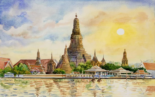 Panorama görünüm. Wat Arun günbatımı Bangkok Tayland tapınakta. Suluboya manzara mimari ve nehir görünümünü renkli. El çizimi büyük en iyi bilinen Tayland yerlerinden çekilmiş.