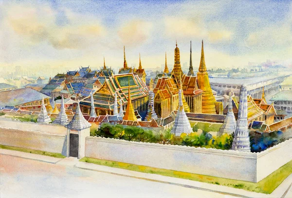 วพาโนรามา พระราชว งหลวงพระบรมมหาราชว และว ดพระแก งเทพฯ ประเทศไทย ภาพวาดส ของสถานท องเท — ภาพถ่ายสต็อก