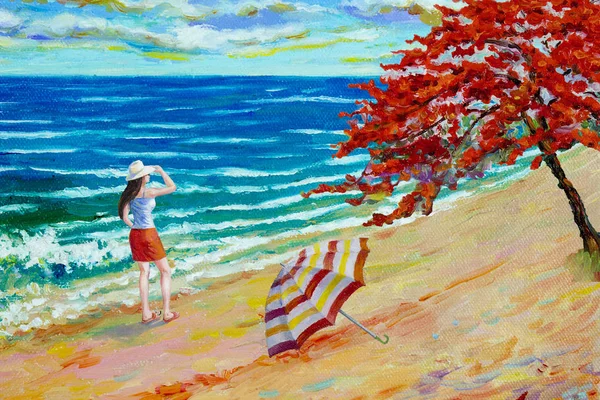 Turista Mujer Playa Del Mar Pinturas Óleo Colorido Paisaje Marino —  Fotos de Stock