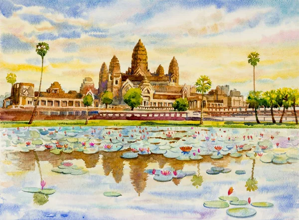 Angkor Wat Temple Cambodia Southeast Asia Watercolor Painting Landscape Colorful — Stock Photo, Image