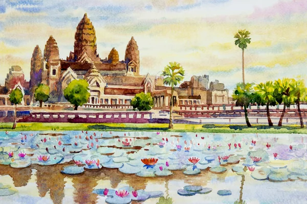 Angkor Wat Temple Camboja Sudeste Asiático Aquarela Pintura Paisagem Colorida — Fotografia de Stock