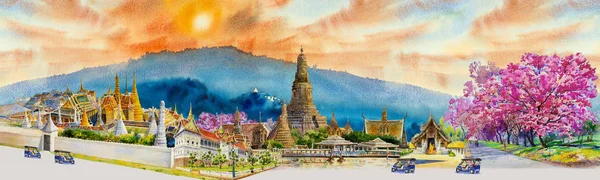 Panorama Vista Famosi Punti Riferimento Thailandia Pittura Acquerello Paesaggio Località — Foto Stock