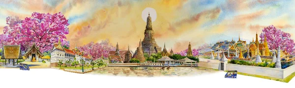全景看泰国著名的曼谷和清迈地标 水彩画风景秀丽的旅游景点在天空和阳光的映衬下 亚洲的地标 — 图库照片