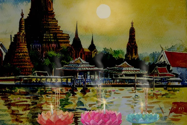 Templo Wat Arun Atardecer Bangkok Tailandia Pintura Acuarela Paisaje Colorido — Foto de Stock