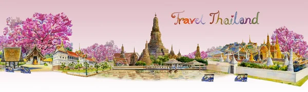 全景查看泰国曼谷和清迈的著名地标 水彩画景观的旅游位置美丽的粉红色背景 被绘的例证 亚洲的地标 — 图库照片#