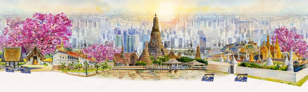 Panorama view famous landmarks Bangkok and Chiang mai in Thailand. Watercolor painting landscape of tourism location beautiful in skyscraper and sun background. Painted illustration, landmark of Asia.