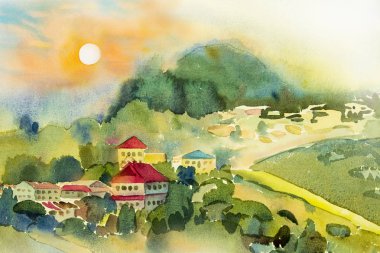 Suluboya manzara köyü görünüm güzellik yaz sezonu, yaban hayatı, güneş sabah arka planda dağda tepe üzerinde renkli kağıda soyut. Boyalı izlenimci, görüntü illüstrasyon.