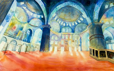 Istanbul, Türkiye - 5 Ağustos 2017: İnsanlar Sultanahmet Camii ziyaret ediyor. Simgesel Yapı dünyasının Türkiye'deki turistik 's. Suluboya manzara, illüstrasyon