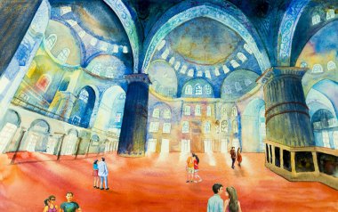 Istanbul, Türkiye - 5 Ağustos 2017: İnsanlar Sultanahmet Camii ziyaret ediyor. Simgesel Yapı dünyasının Türkiye'deki turistik 's. Suluboya manzara, illüstrasyon