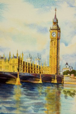 Big Ben saat kulesi ve thames Nehri İngiltere'de Londra'da. Suluboya resim illüstrasyon manzara güzel sezon. Dünya, iş şehrin simgesel yapı 