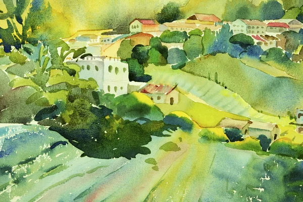Abstrakcja Akwarela Malarstwo Krajobraz Papier Kolorowy Widokiem Góry Hill Piękno — Zdjęcie stockowe