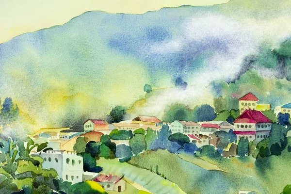 Abstrakt Akvarell Landskap Papper Färgstarka Byn Syn Hill Mountain Skönhet — Stockfoto
