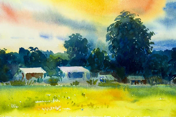 Peinture Abstraite Aquarelle Paysage Sur Papier Coloré Vue Sur Village — Photo